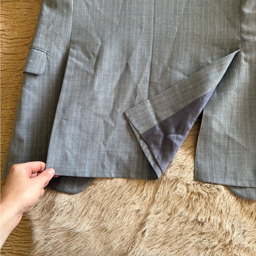 VINTAGE Yves Saint Laurent Light Blue + Tan Plaid Blazer + Removable Fur Collar - Picture 10 of 13
